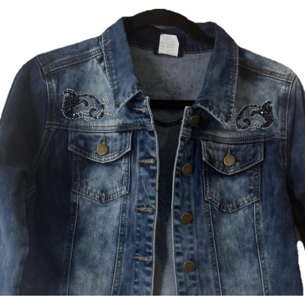 Venus Denim Jacket Womens 10 Blue Stretch Embellished Rhinestone Bling Studded